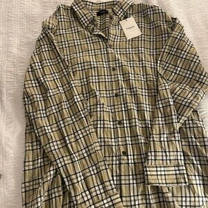 Theory Beige and Black Plaid Shirt